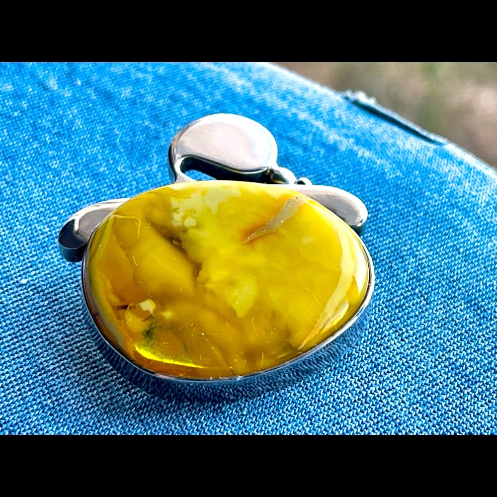 Golden Yellow Amber Sterling Modernist Style Pendant